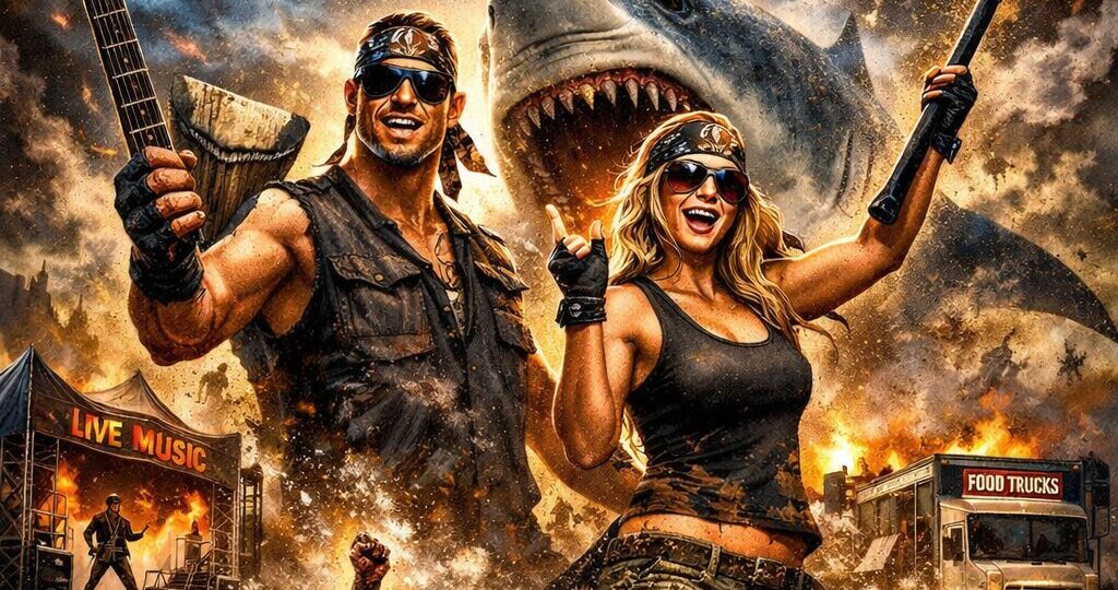 Rock-and-roll styled MegFest 2026 poster showing two muddy fossil hunters cheering with tools in hand in front of a giant Megalodon shark. Fiery metal lettering reads “MEGFEST 2026 – The Ultimate Fossil Adventure” above a chaotic fossil pit scene with live music and food trucks in the background. At the bottom are the Palmetto Fossil Excursions and What’s Up Summerville logos, with the event dates “April 30 – May 3, 2026.”