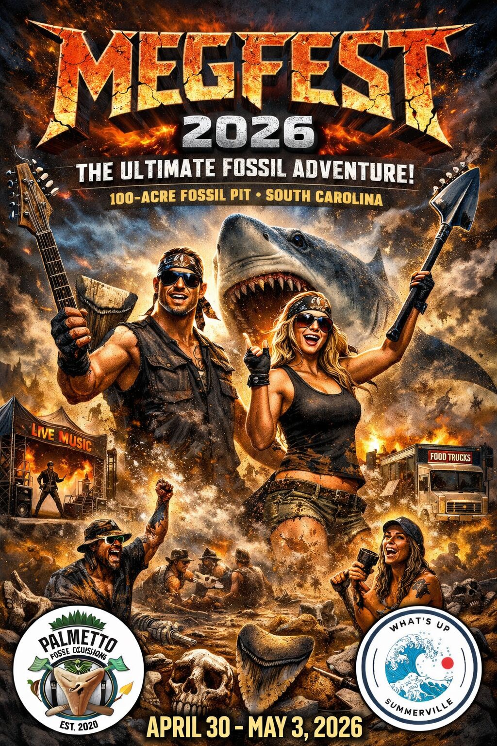 Rock-and-roll styled MegFest 2026 poster showing two muddy fossil hunters cheering with tools in hand in front of a giant Megalodon shark. Fiery metal lettering reads “MEGFEST 2026 – The Ultimate Fossil Adventure” above a chaotic fossil pit scene with live music and food trucks in the background. At the bottom are the Palmetto Fossil Excursions and What’s Up Summerville logos, with the event dates “April 30 – May 3, 2026.”
