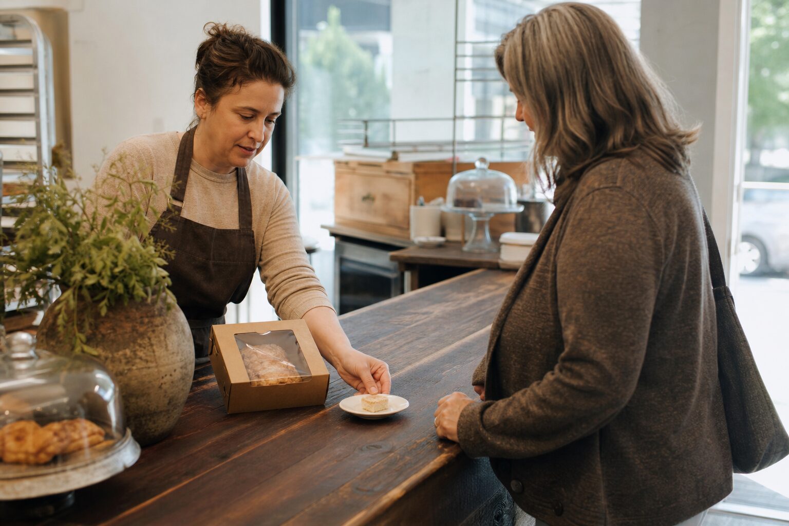 A local bakery owner offering a complimentary sample to a customer