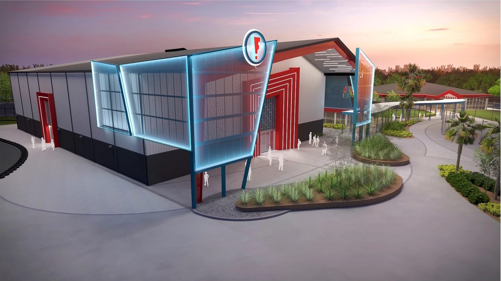 Architectural rendering of the new Frankie’s Fun Park arcade building in North Charleston