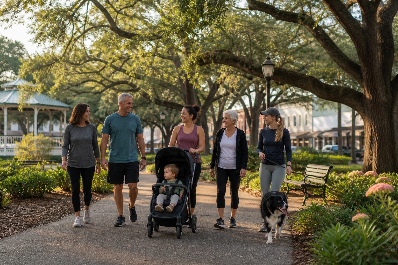 Friends and family enjoying an active afternoon together in a Summerville park