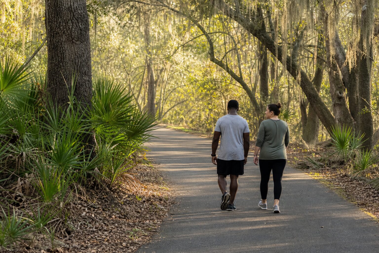 Two people enjoying a walk on a shaded Lowcountry trail