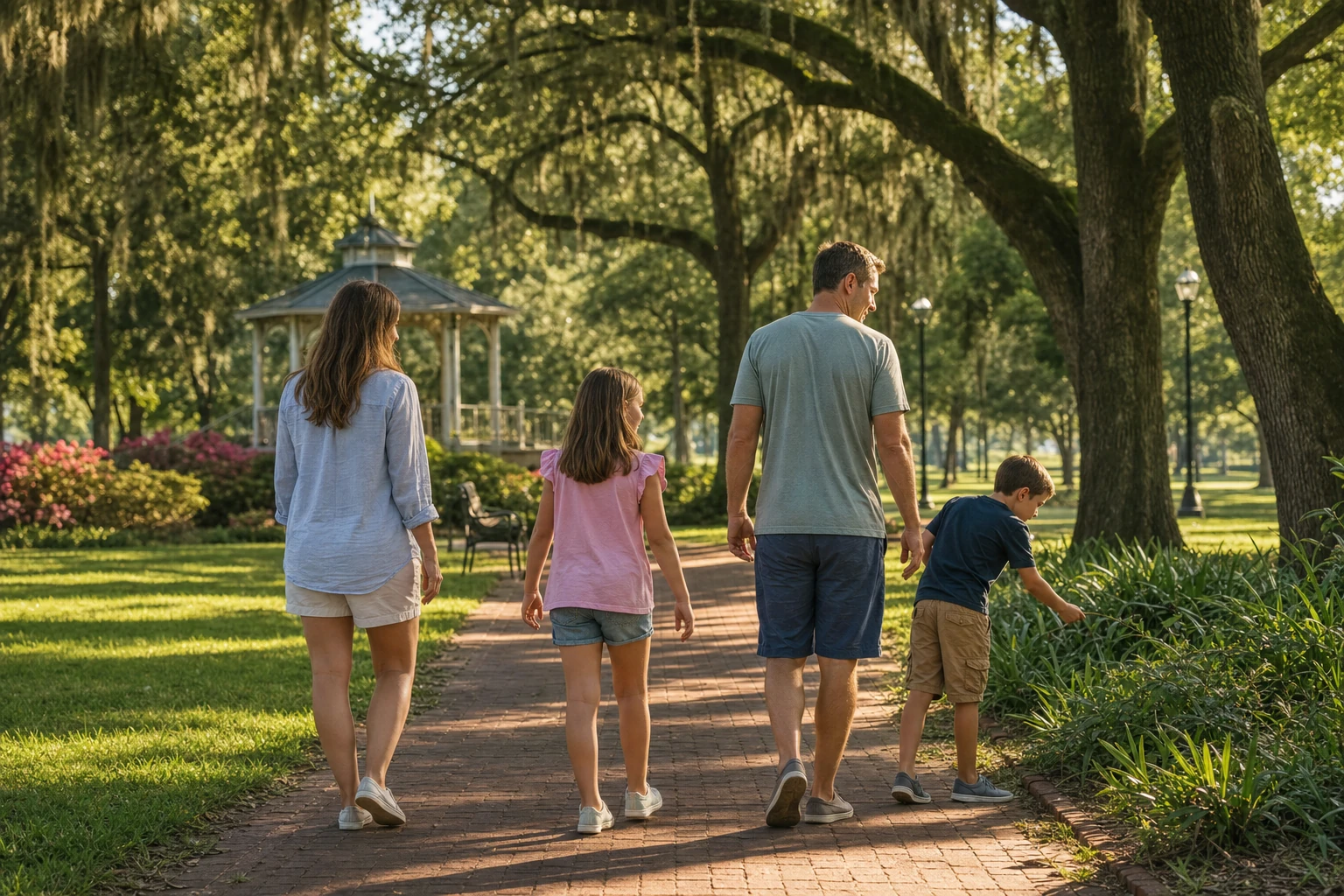Family walking through a shaded Summerville park on a late-summer morning