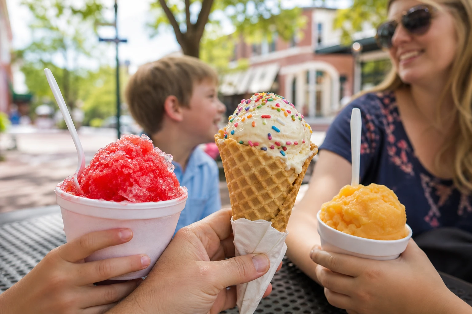 A family sharing colorful frozen treats during a summer outing in Summerville