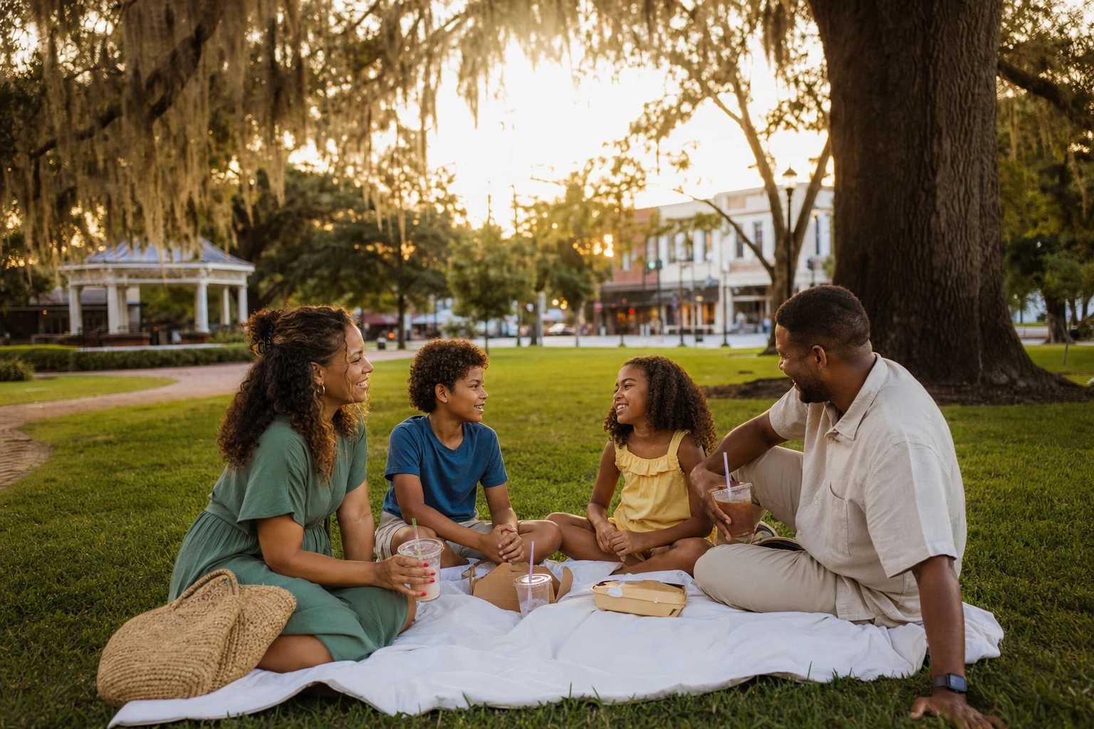 Family enjoying a relaxed golden-hour picnic near downtown Summerville
