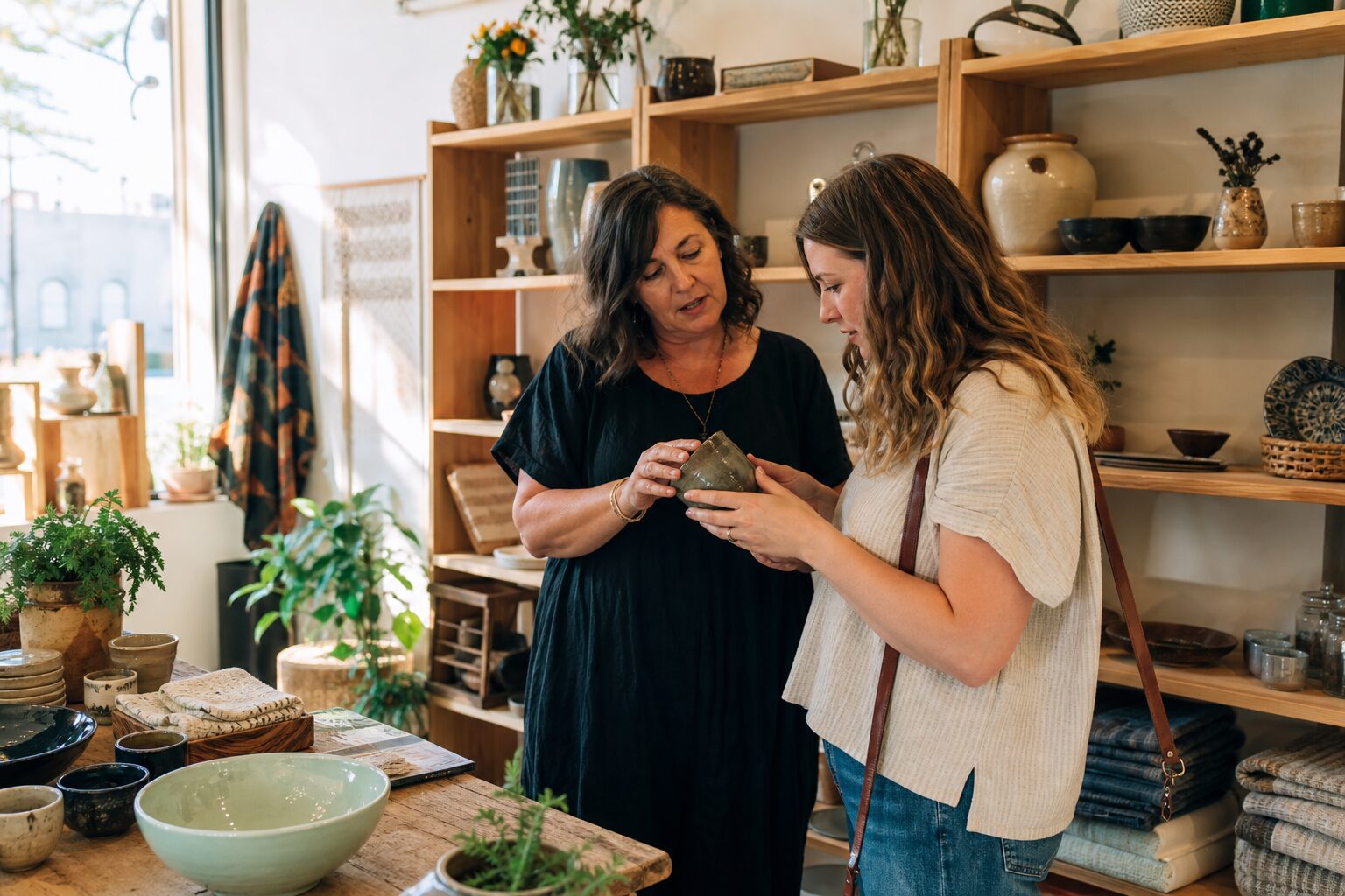 A local shop owner giving a customer personal attention during quiet hours