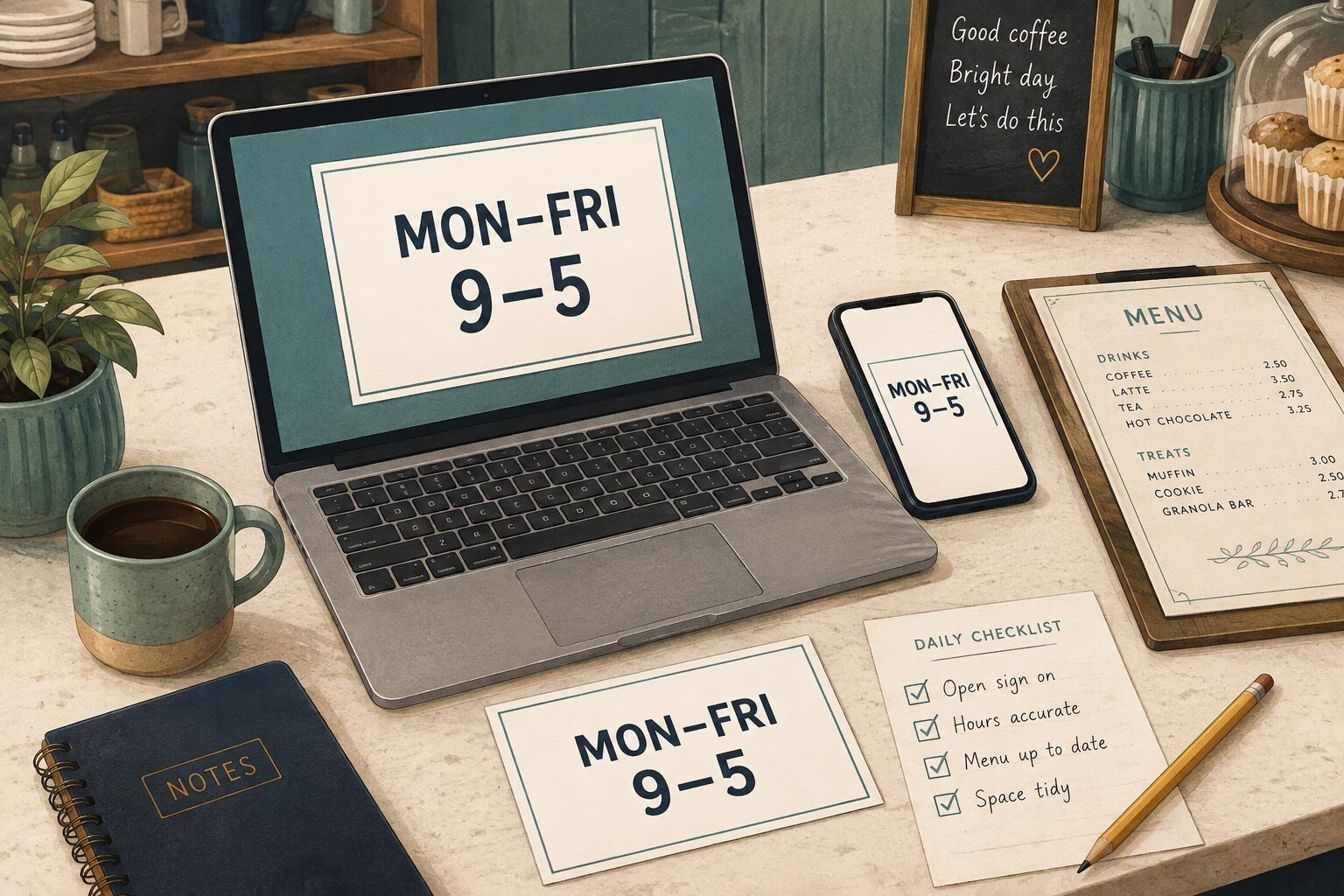 Illustration of matching Monday–Friday, 9–5 business hours on a laptop, phone, and printed card beside a menu and checklist.